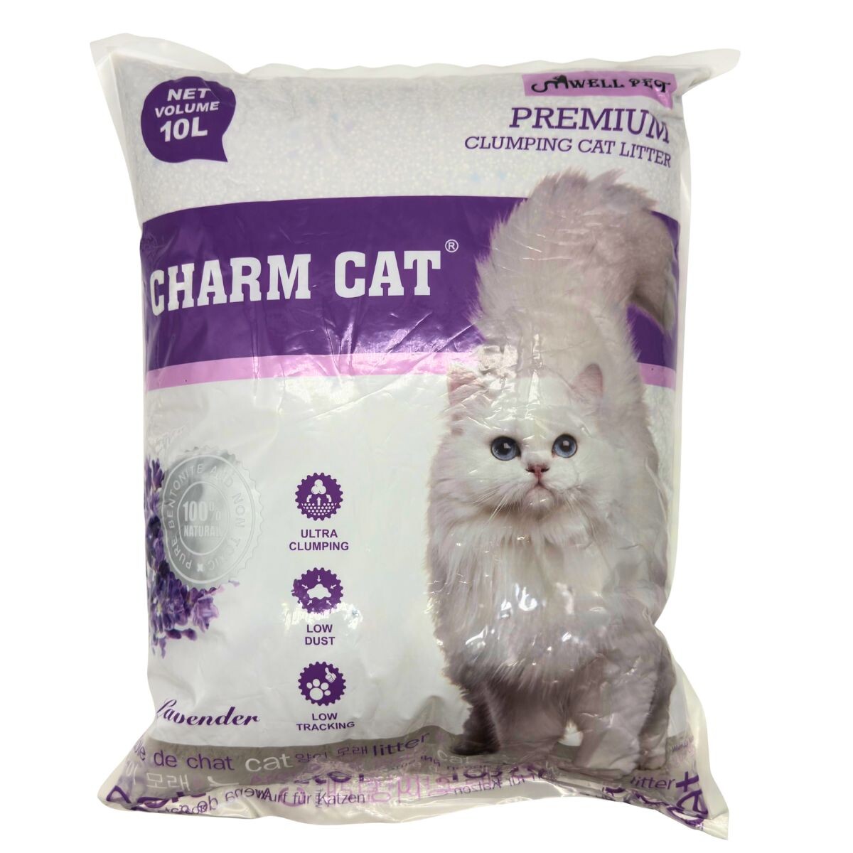 ARENA SANITARIA AGLOMERANTE CHARM CAT PREMIUM BAJO POLVO SIN OLORES - 8 KG LAVANDA 
