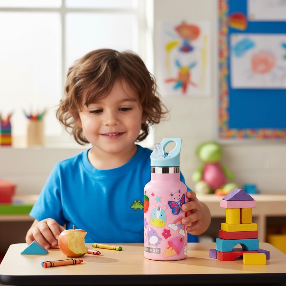 Botella acero inoxidable con sorbito y stickers skip hop rosado