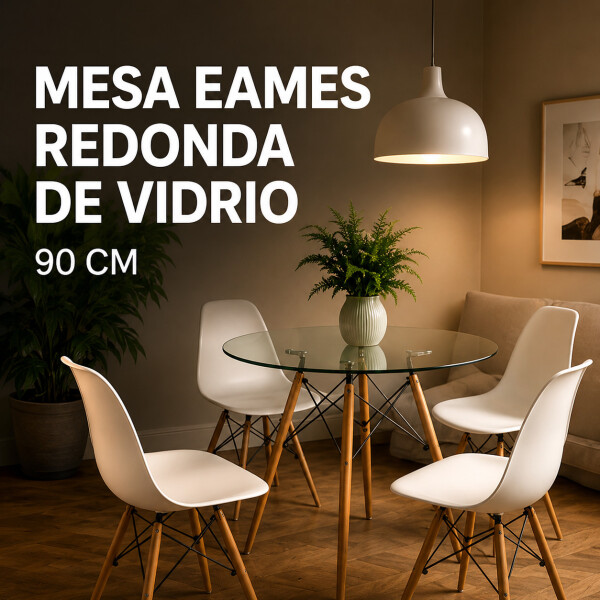 Mesa Comedor ComboHome Eames Redonda Vidrio 90 Cm Premium Transparente