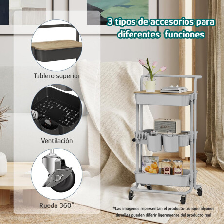 Carrito Organizador Multiuso 3Niveles Ruedas 360° Tapa Gris