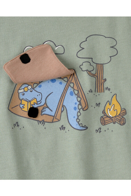 Remera de algodón, manga corta, verde, estampa dino y camping Sin color