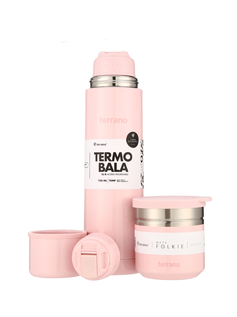 Kit Termo Acero Bala Metalizado 750mL + Mate Folkie - Rosado 