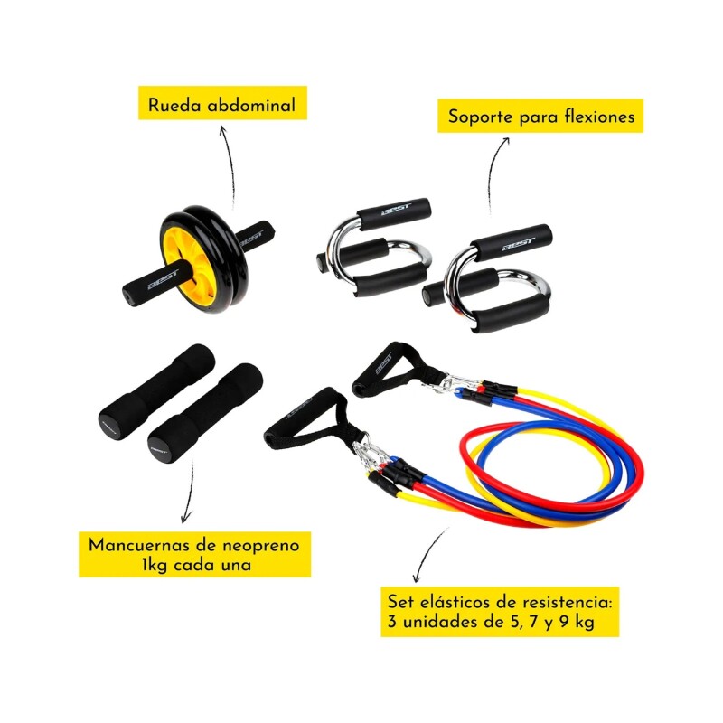 Kit fitness rueda, bandas elásticas, mancuernas y soporte para flexiones Best Kit fitness rueda, bandas elásticas, mancuernas y soporte para flexiones Best