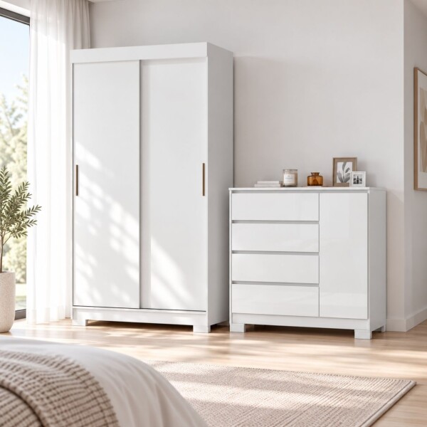 COMBO DORMITORIO – ROPERO 2 PUERTAS CORREDIZAS + CÓMODA ZAPATERA BLANCO