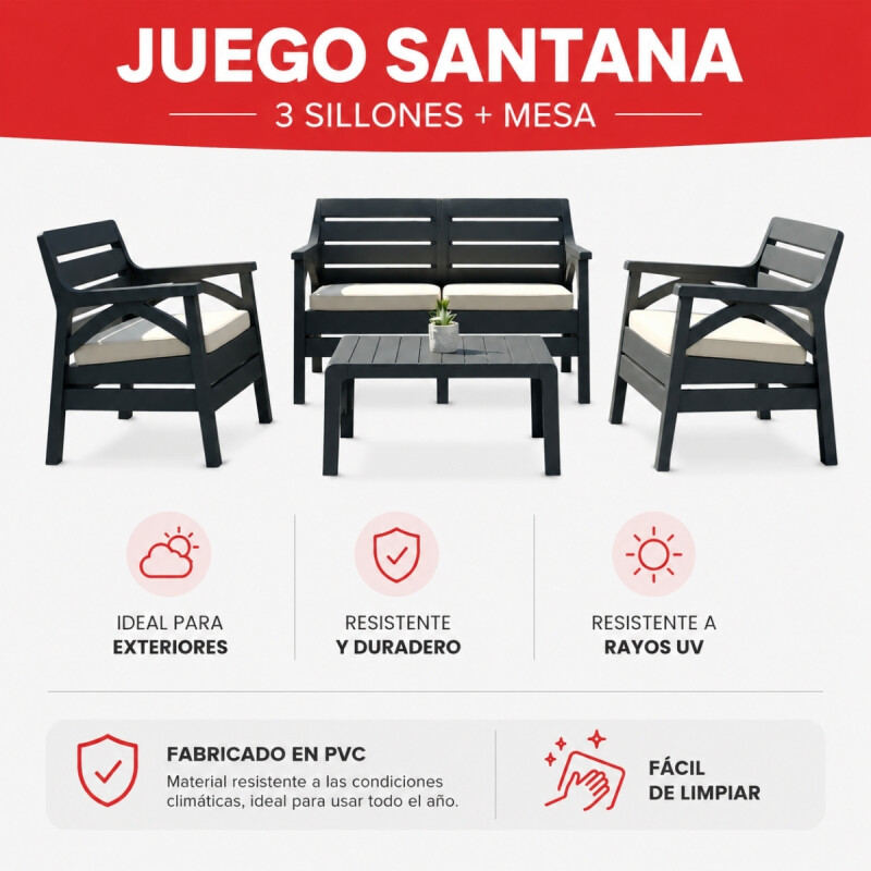 Juego Santana de jardín 3 sillones con almohadones + mesa GRIS