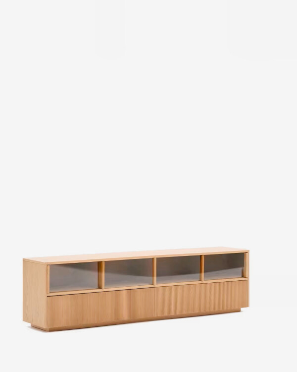 Mueble TV Helvine 4 puertas y 2 cajones chapa de roble y cristal templado 200x54cm FSC 100% Mueble TV Helvine 4 puertas y 2 cajones chapa de roble y cristal templado 200x54cm FSC 100%