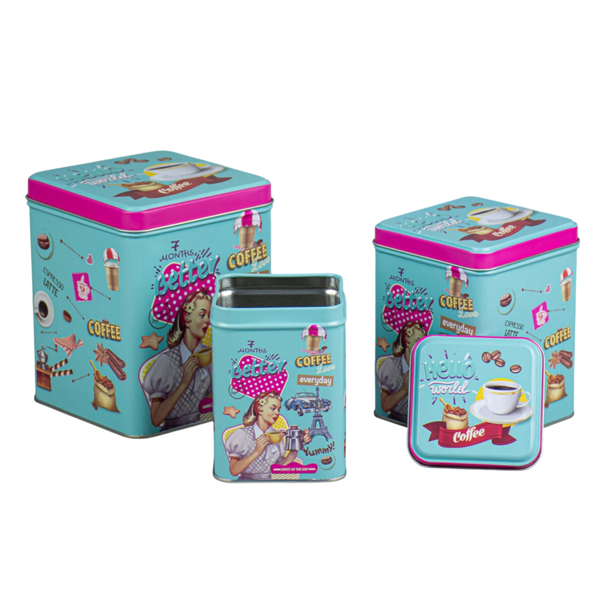 Set x3 latas vintage Hello World 