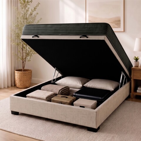 Sommier Baúl 2 Plazas Beige con Colchón Super Mega 138 x 188 Firmeza Media Sommier Baúl 2 Plazas Beige con Colchón Super Mega 138 x 188 Firmeza Media