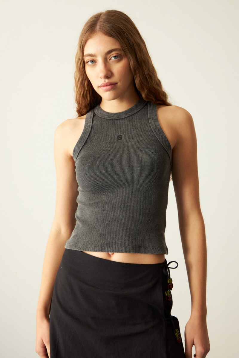 Musculosa acanalada bordada negro