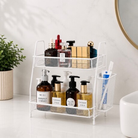 Estante Organizador Multiuso de 2 Niveles con Canasto Lateral - BLANCO Estante Organizador Multiuso de 2 Niveles con Canasto Lateral - BLANCO