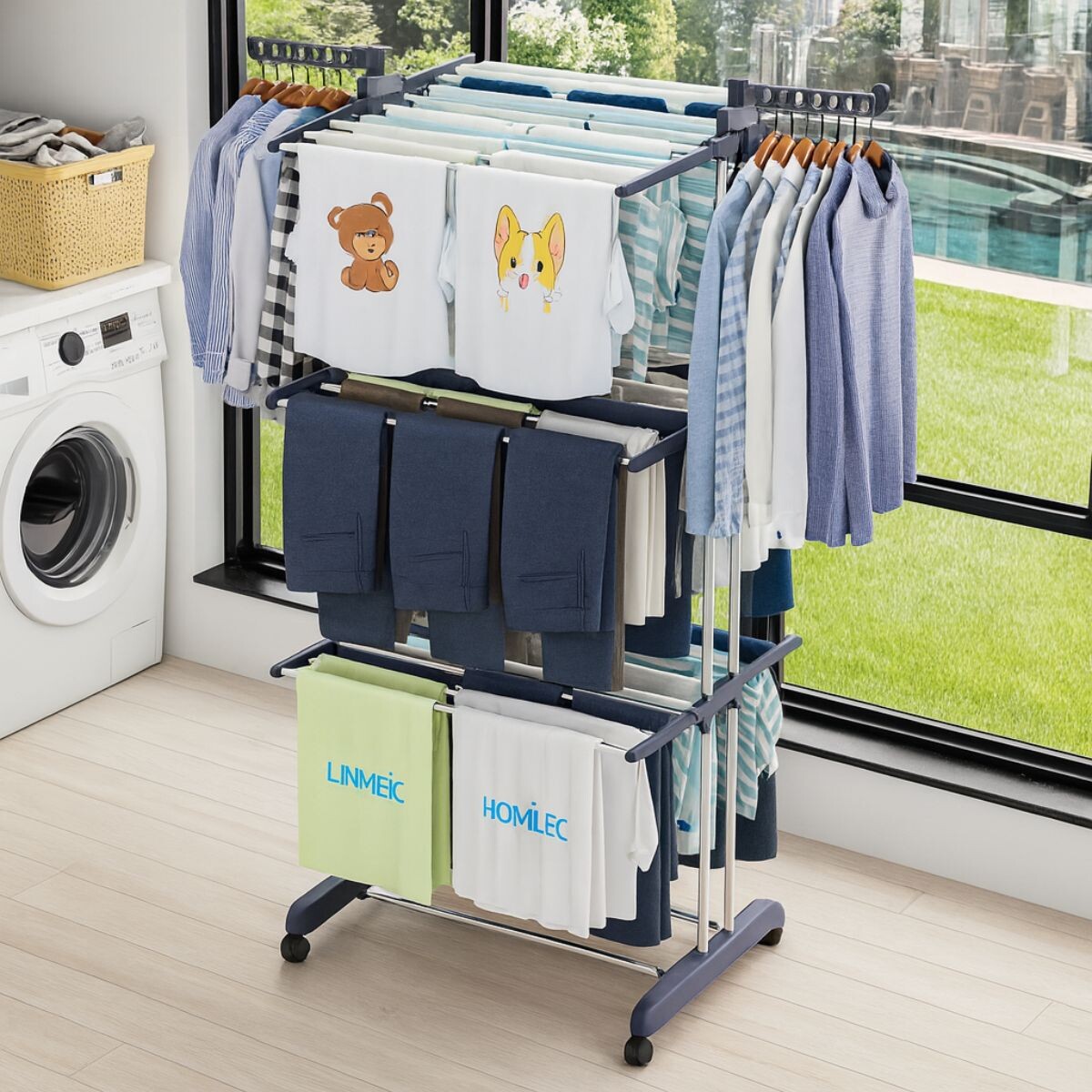 Tendedero Vertical De Pie Plegable 3 Niveles Secador Ropa Blanco Con Detalle Gris 