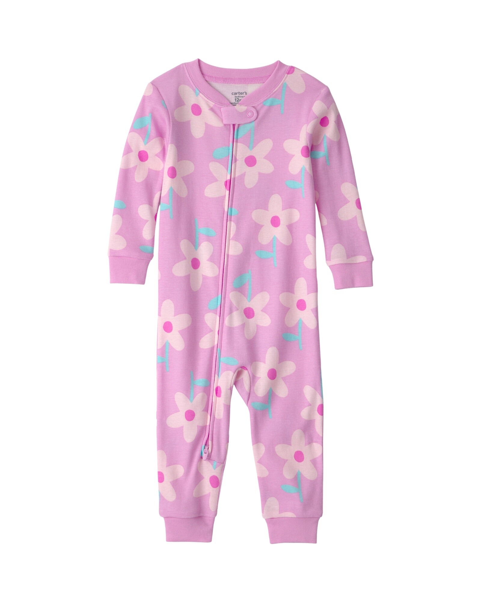 Pijama enterito de algodón, rosado, diseño floral. Talles 12-24M Sin color