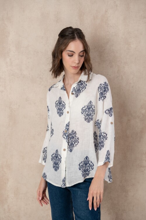 Camisa lino dama estampada Azul Marino