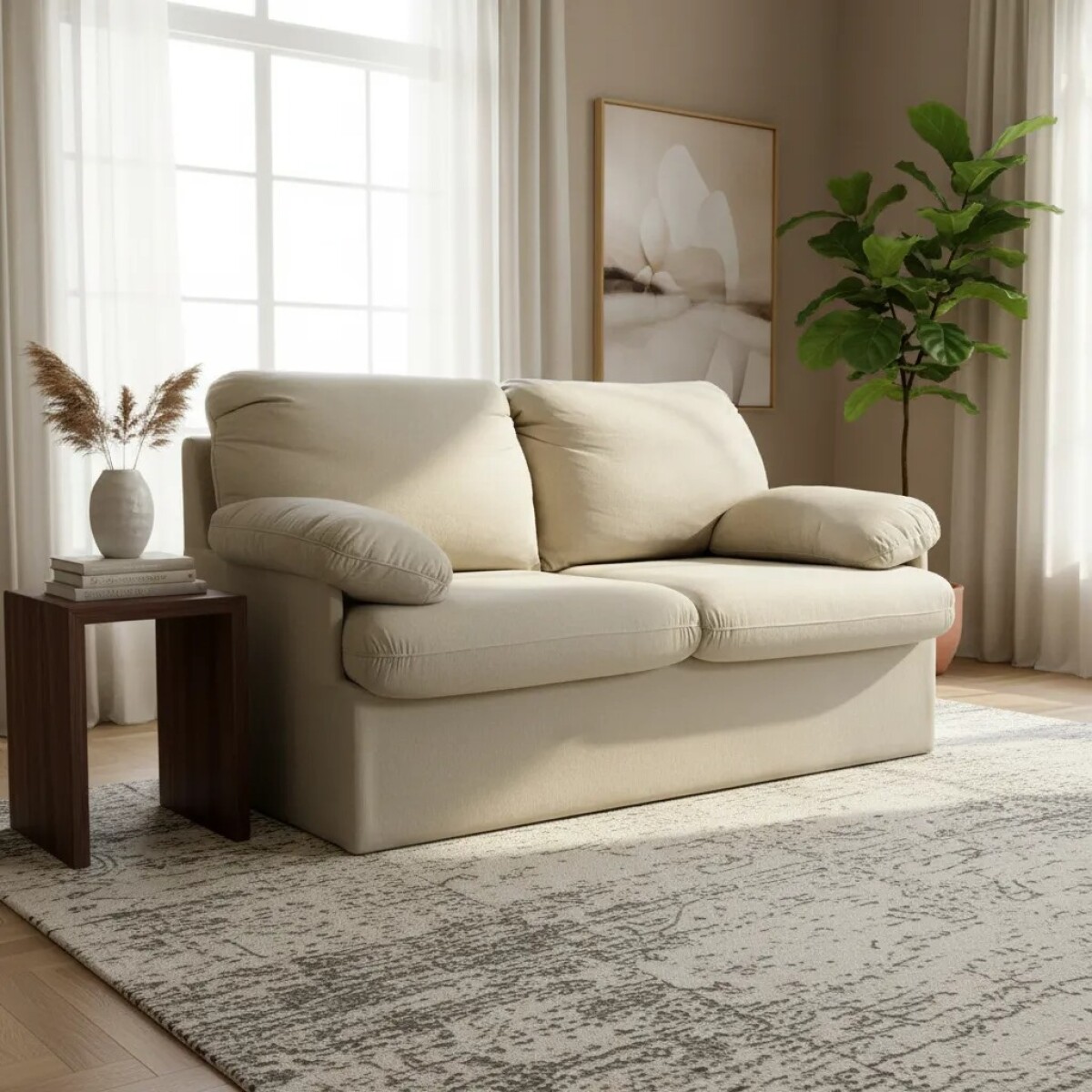 SOFA CAMA 2 PLAZAS - TAPIZADO TELA BEIGE - CON DETALLES EN LA TELA 