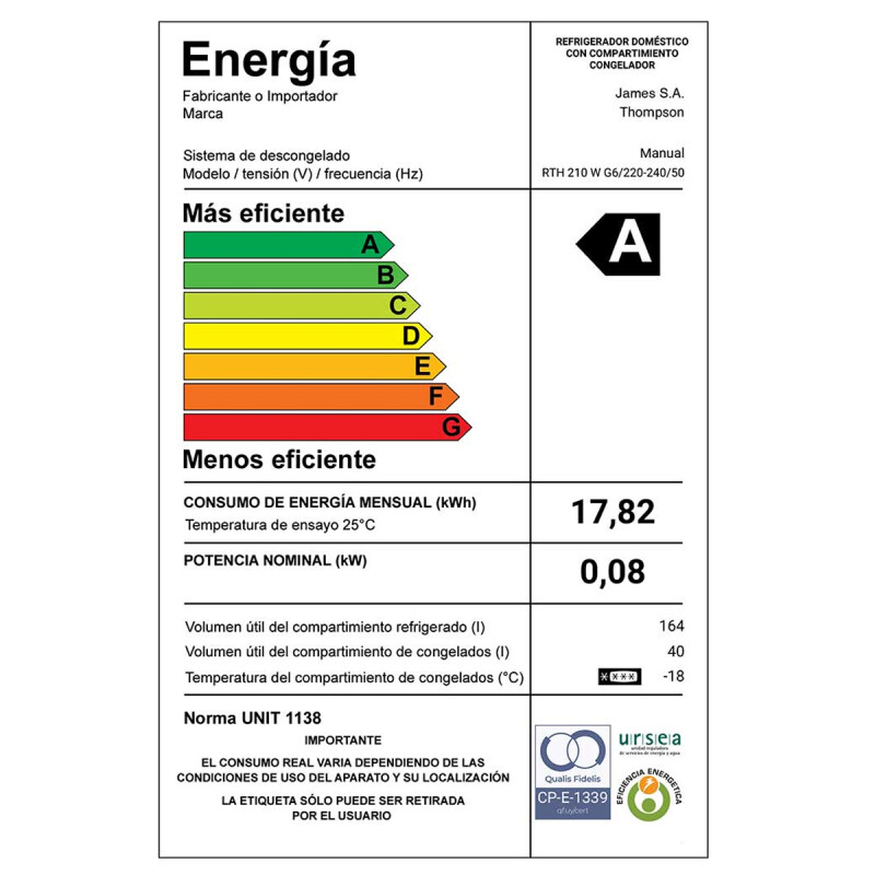Heladera con freezer Thompson RTH 210 W G6 Blanca 204L Heladera Con Freezer Thompson Rth 210 W G6 Blanca 204l