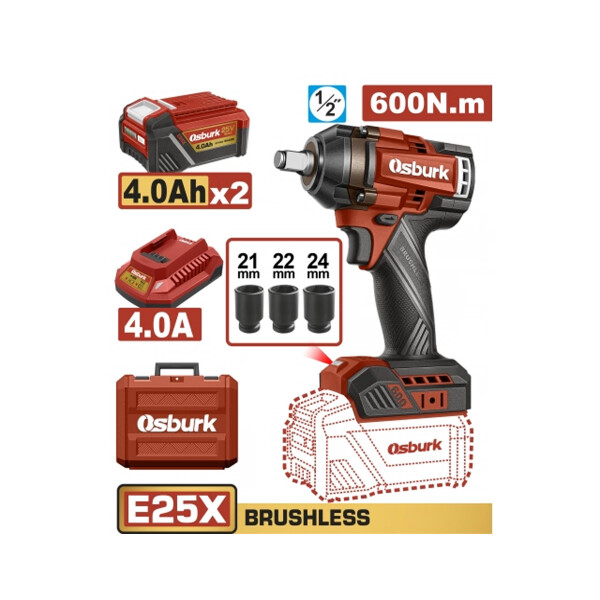 LLAVE DE IMPACTO A BATERIA 25V E25X 1/2 600NM + 2 BAT 4.0AH + CARGADOR + ACCESO LLAVE DE IMPACTO A BATERIA 25V E25X 1/2 600NM + 2 BAT 4.0AH + CARGADOR + ACCESO