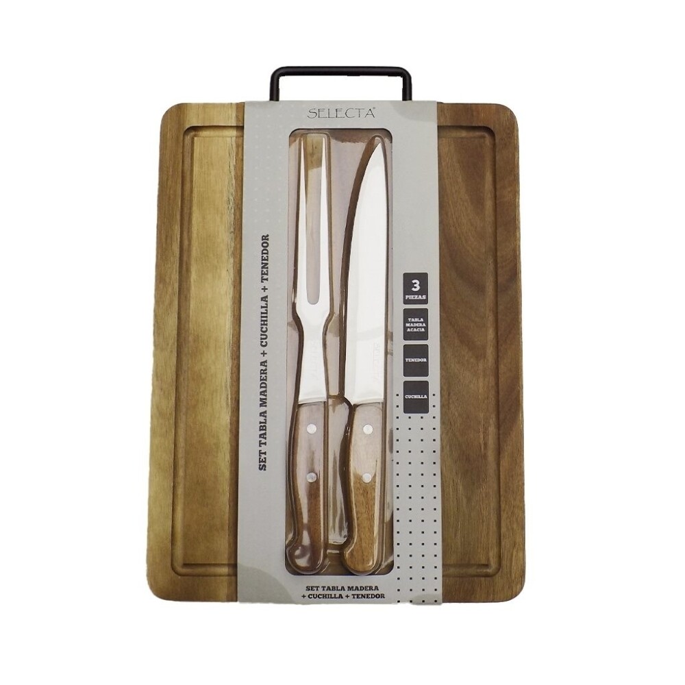 Set Parrillero Selecta con Tabla de Madera, Cuchillo y Tenedor – 3 Piezas SET TABLA MADERA + CUCHILLA + TENEDOR 38X28X2CM