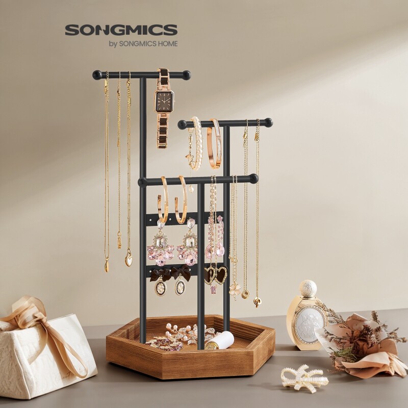 SONGMICS Organizadora de Joyas de Metal de 3 Niveles con Base de Madera – Soporte para Pulseras, Relojes y Pendientes Negro