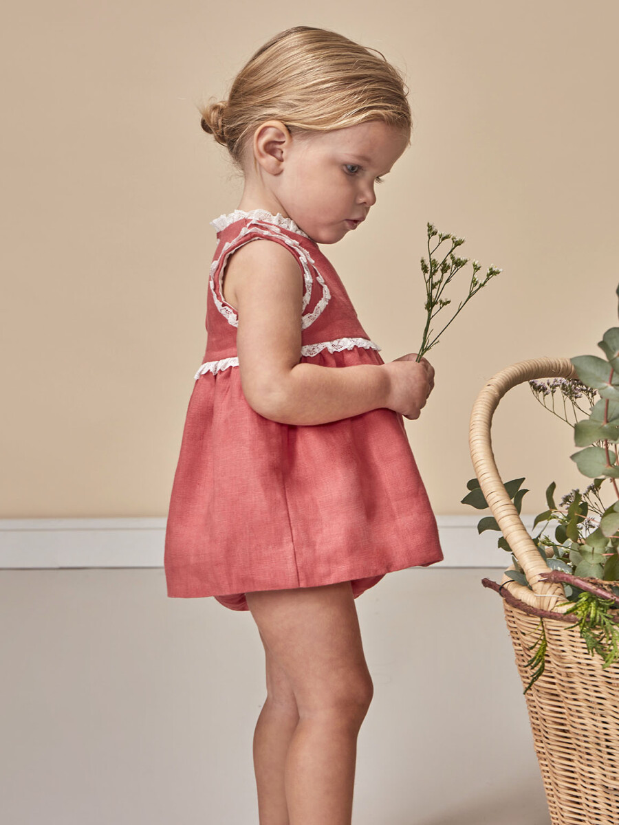 Vestido Lino Con Tiras Bordadas En Contr Fresa Claro