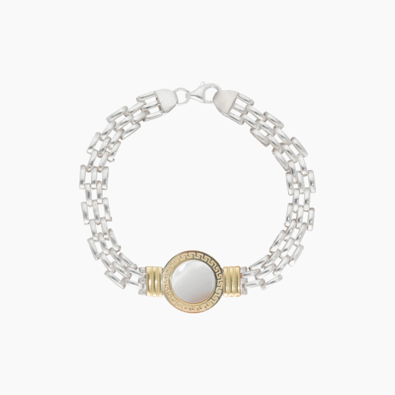Pulsera en plata y oro con nácar con diseño de guarda griega Pulsera En Plata Y Oro Con Nácar Con Diseño De Guarda Griega
