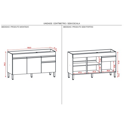 Modulo Bajo Mesada Sin Tapa Tres Puertas De 150 cms. BLANCO