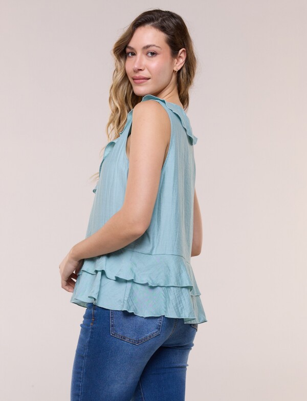Blusa Con Cuello Volado Y Ruedo Peplum VERDE AGUA