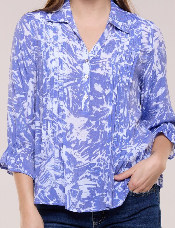 Blusa Estampada Pincelada Con Alforzas AZUL
