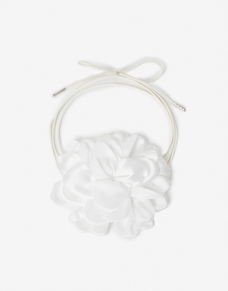 Pañuelos Raso Choker Con Flor Doble - Blanco Crudo