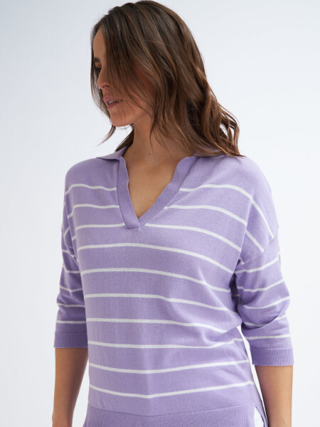 Sweater tejido cuello polo Violeta Con Blanco