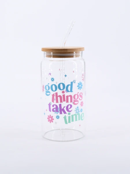 VASO VIDRIO CON SORBITO Y TAPA BAMBOO TRANSPARENTE