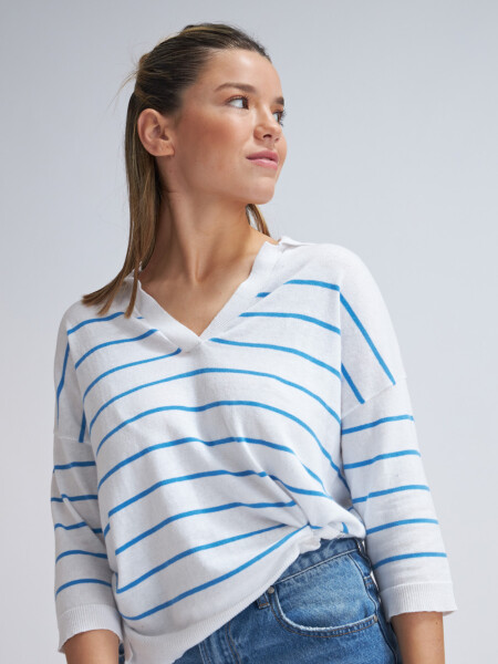 Sweater tejido cuello polo Blanco Con Turquesa