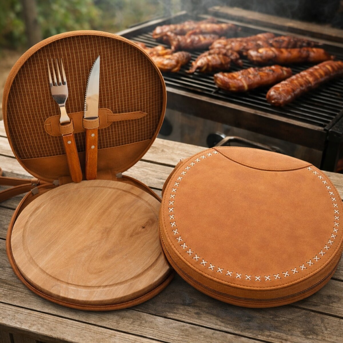 Set Parrillero con Tabla de Madera Cubiertos y Estuche - Marrón Claro 