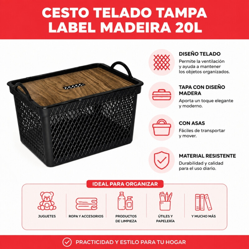 Caja con tapa simil madera 20 Lts NEGRO