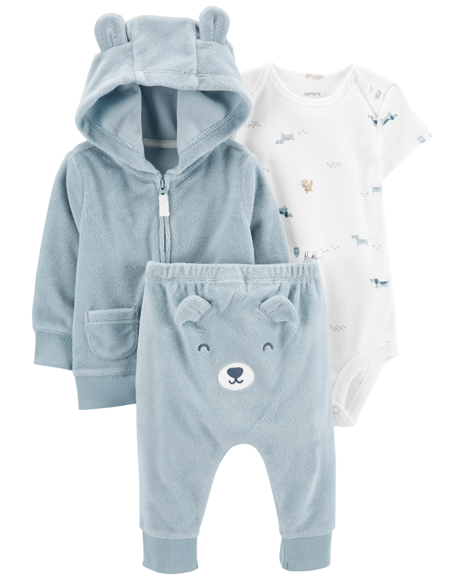 Set tres piezas campera y pantalón de terry más body, diseño perro Set tres piezas campera y pantalón de terry más body, diseño perro