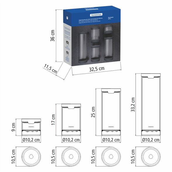 Juego 5 recipientes d/vidrio tapa silicona PUREZZA TF0348