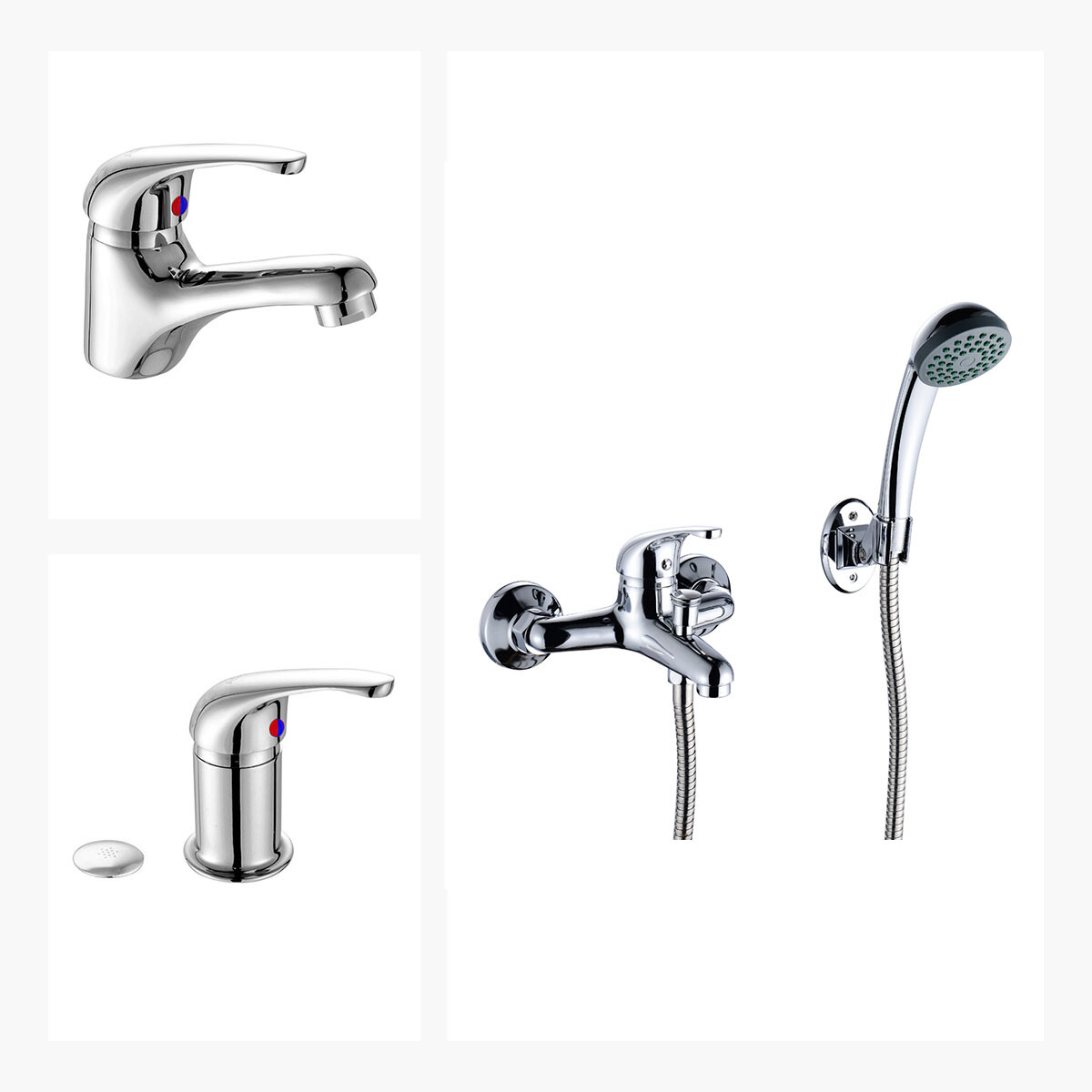 JUEGO COMPLETO DE GRIFERIA PARA BAÑO, INCLUYE LAVATORIO, BIDET CON TRANSF Y DUCHA EXTERIOR. 