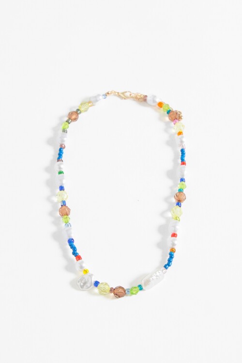 Collar cuentas, piedras y perla multicolor