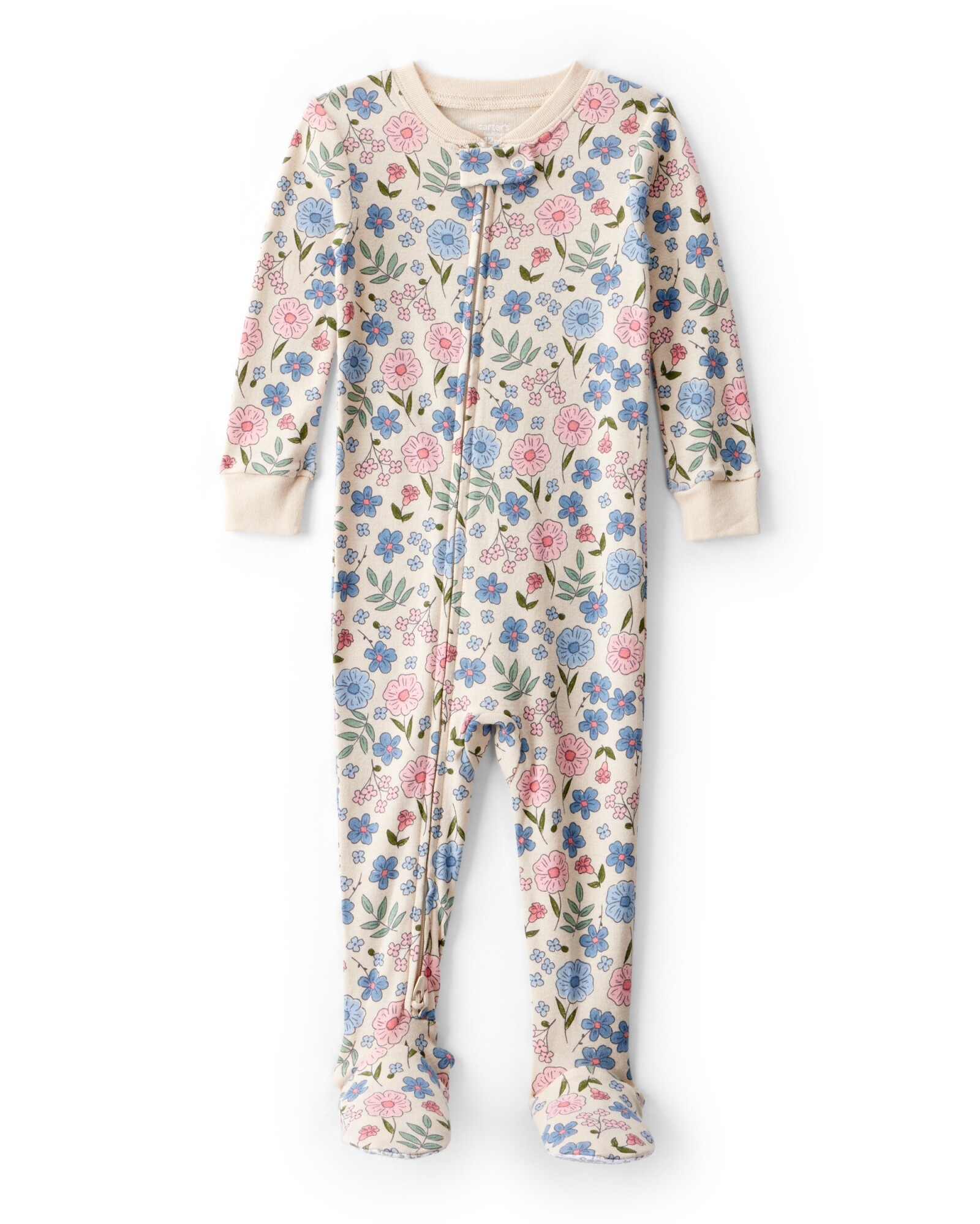 Pijama una pieza de algodón, con pie, beige, diseño floral Sin color