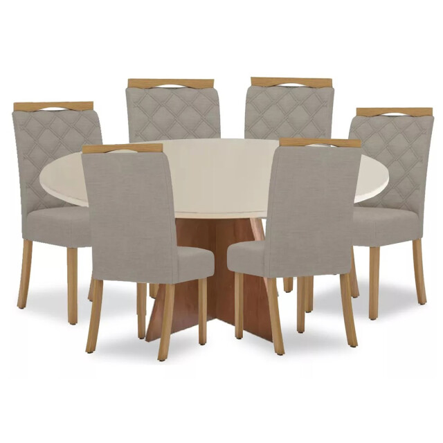 Juego de comedor mesa en madera maciza, tapa circular - 6 sillas tapizadas Juego de comedor mesa en madera maciza, tapa circular - 6 sillas tapizadas