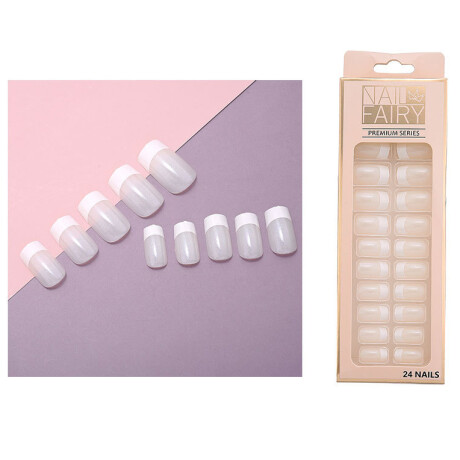 Set De Uñas Postizas Regina Punta Cuadrada Francesa Blanca