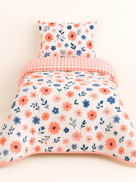 ACOLCHADO FLORAL CON FUNDA 1 PLAZA ROSADO