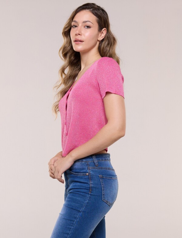 Cardigan Tejido Crop Con Brillo Y Escote V FUCSIA