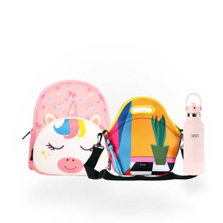 Set de mochila infantil de neopreno, lunchera de neopreno con correa ajustable y botella de acero inoxidable 500ml brio set-armonía