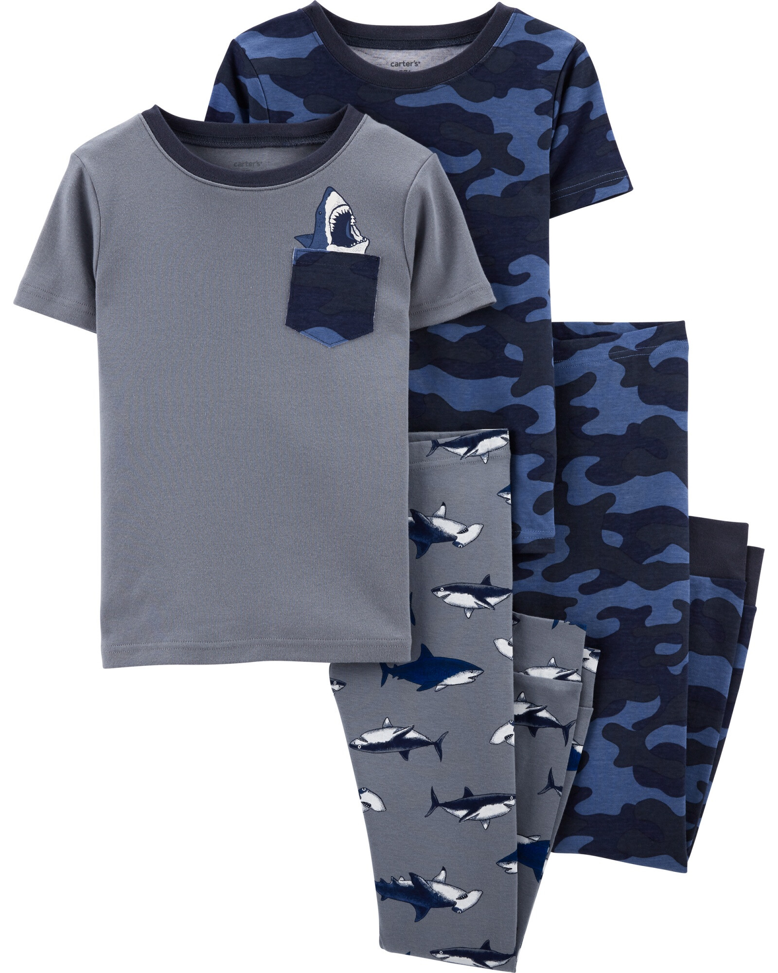 Pijama cuatro piezas de algodón, dos pantalones y dos remeras, diseño tiburones Pijama cuatro piezas de algodón, dos pantalones y dos remeras, diseño tiburones