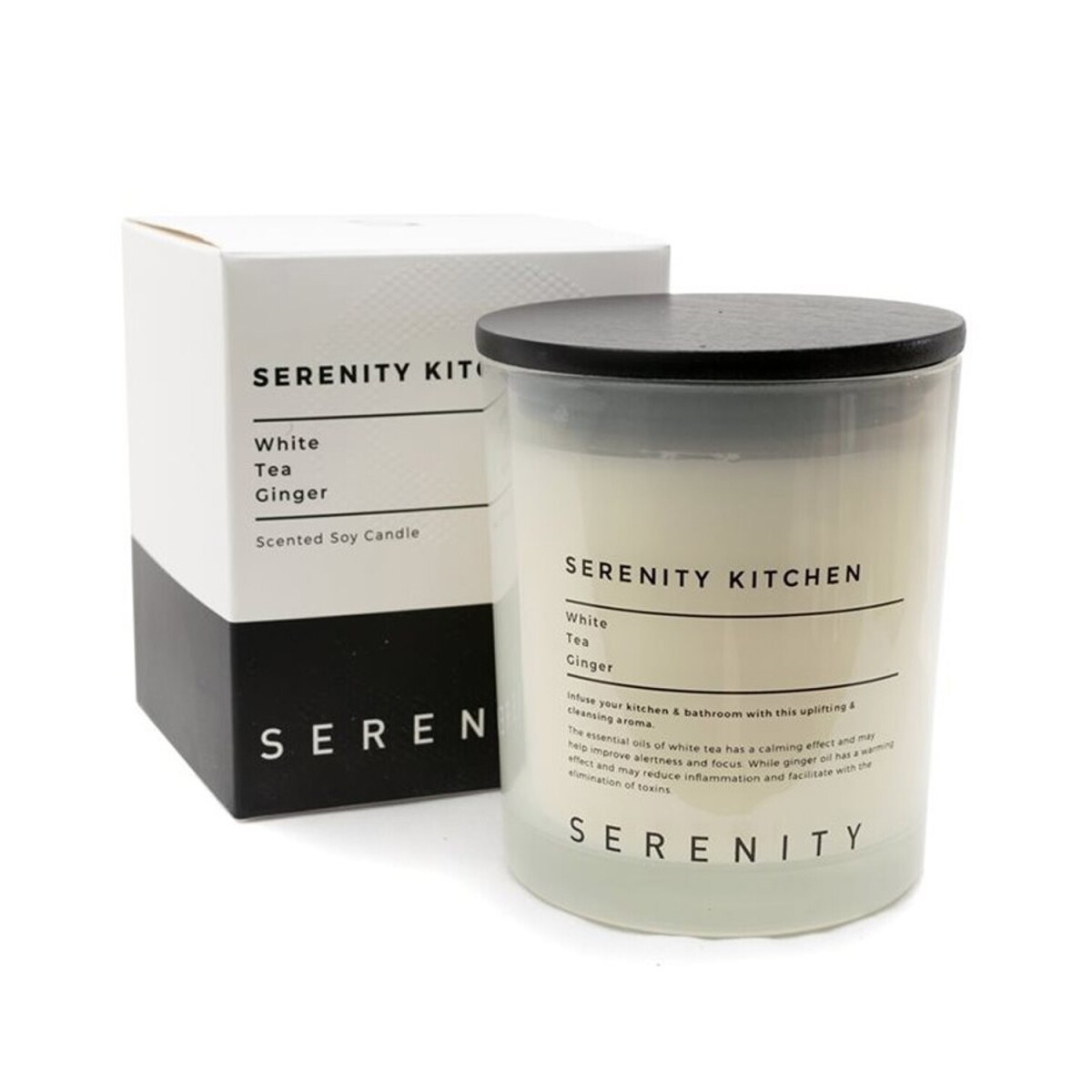 Vela en frasco de vidrio con tapa Serenity 310ml - Blanca Aroma Té blanco con jengibre 