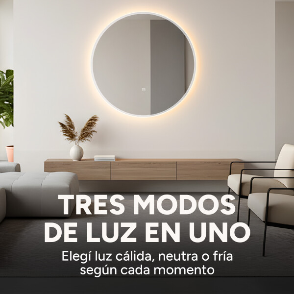 Espejo Redondo Baño Táctil 3 Modos Luz Retroiluminado 60 Cm Circular