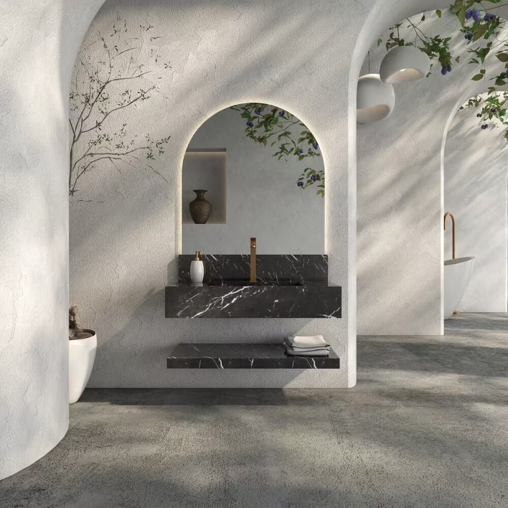 Mueble de baño suspendido de porcelanato Negro Milano 84 cm con bacha incorporada Mueble De Baño Suspendido De Porcelanato Negro Milano 84 Cm Con Bacha Incorporada