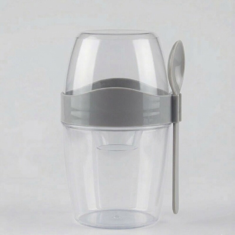 Recipiente Lunchera Para Ensalada Con Cubiertos Y Aderezo Gris