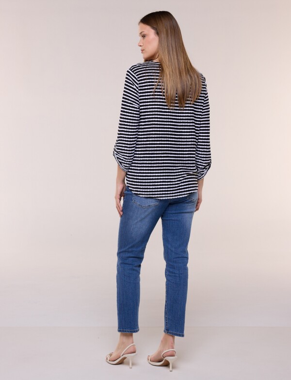 Remera Texturada A Rayas Con Escote V NEGRO/BLANCO