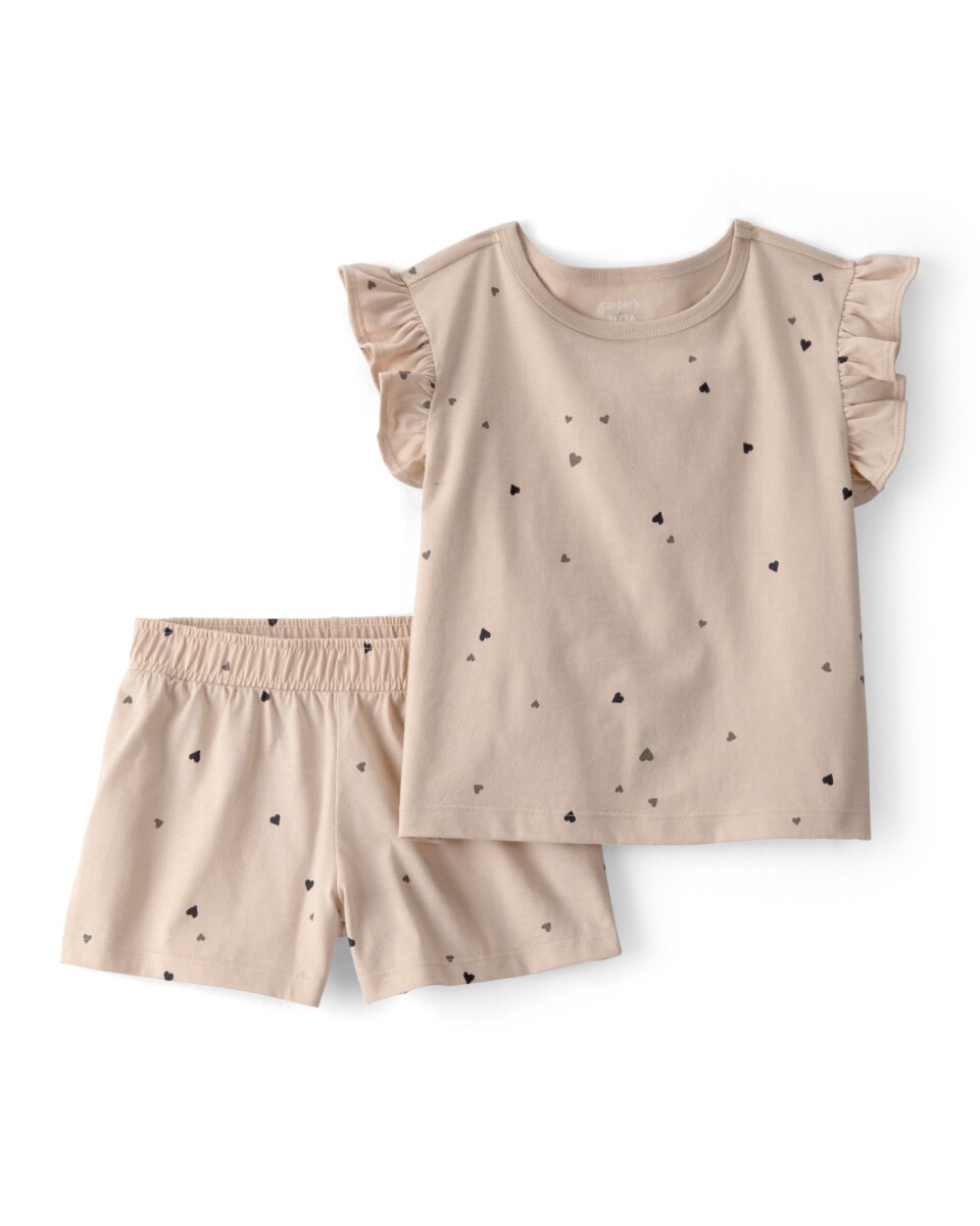 Set dos piezas de algodón, short y remera, beige, diseño corazones 